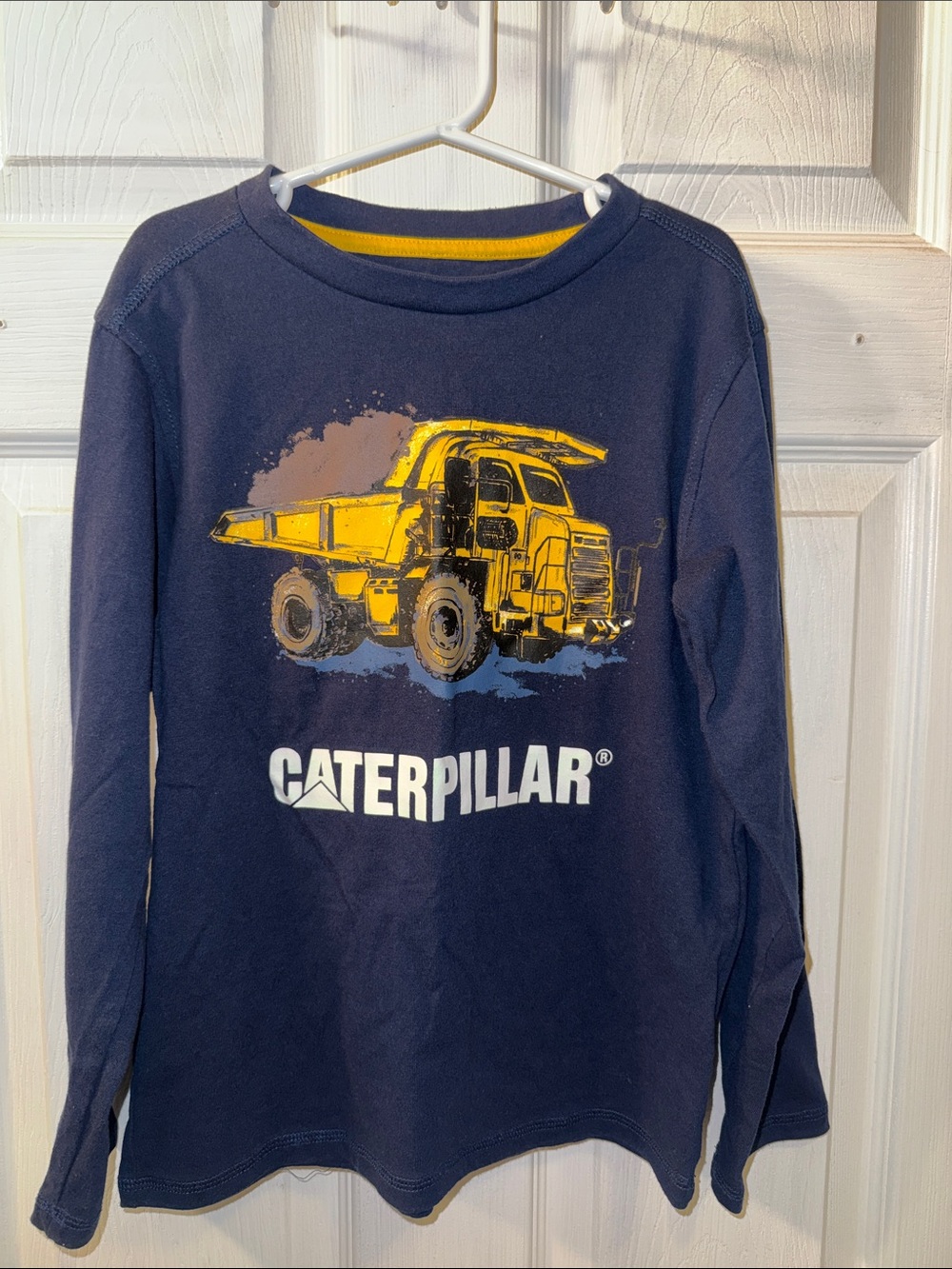 Caterpillar Navy Long-Sleeve Tee with Yellow Dump Truck Graphic